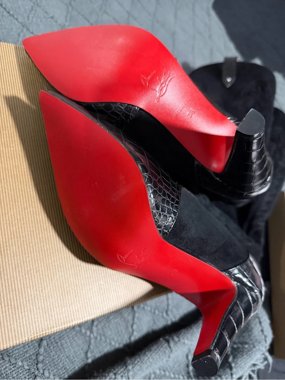 RED BOTTOM Black Over-the-Knee Pointed-Toe Boots with Croc-Texture Cap